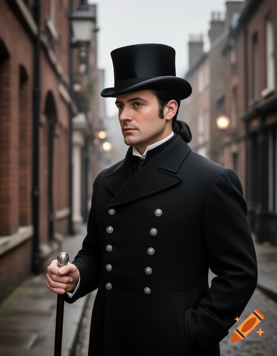 A distinguished Victorian man in a black coat and top hat holds a cane on a cobblestone street, photorealistic style.