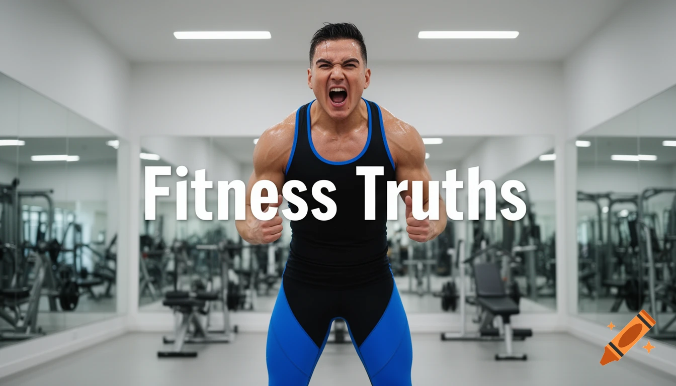 Muscular man in a gym shouts intensely with 'Fitness Truths' text overlay.
