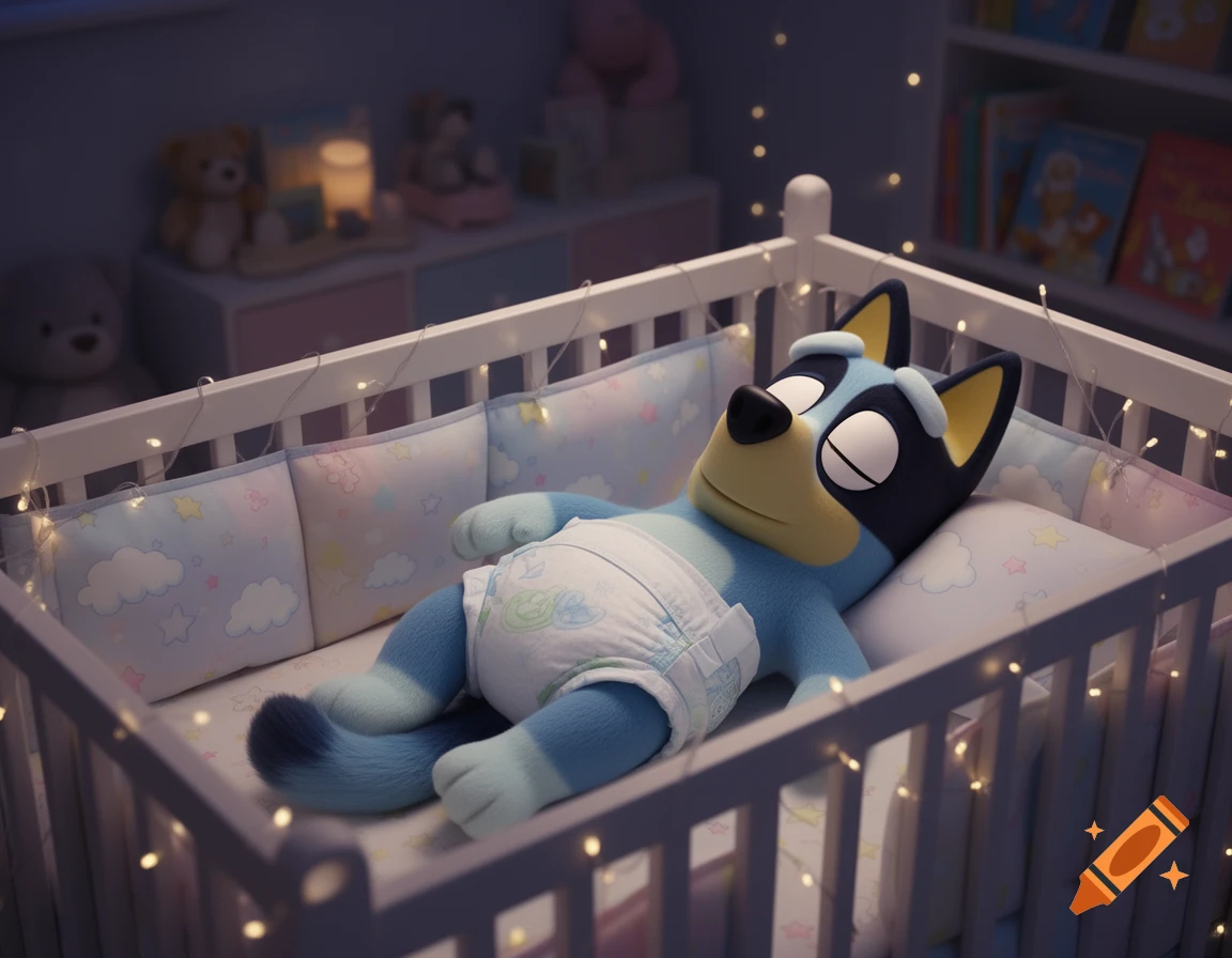 Cartoon character Bluey, wearing a diaper, sleeps peacefully in a crib decorated with string lights in a dimly lit nursery.
