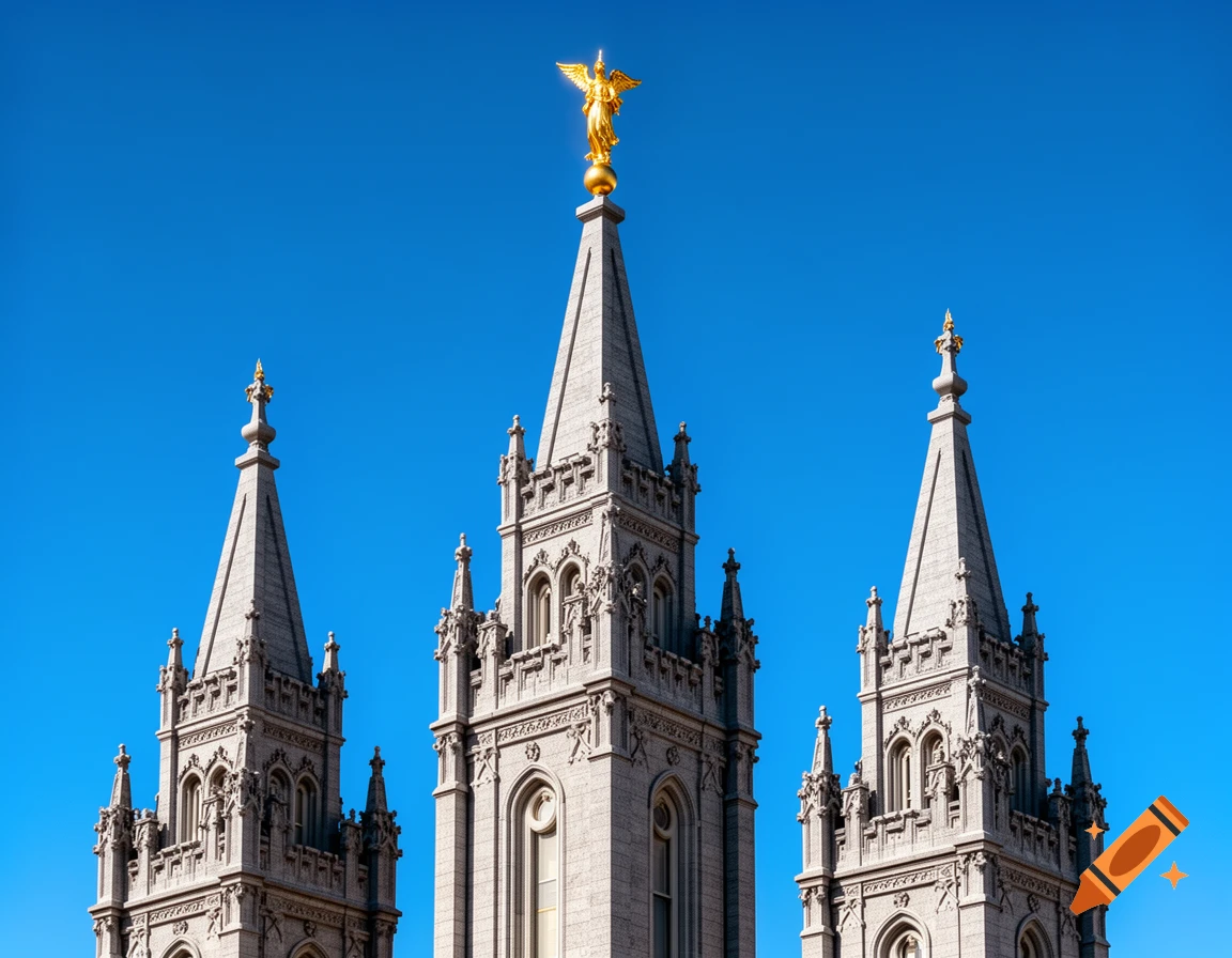 Tops of a majestic Mormon temple with a golden angel statue against a clear blue sky.
