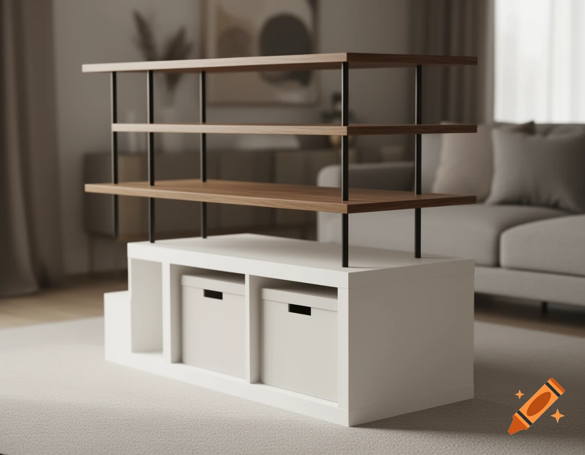 A modern three-tier wooden shelf with black supports resting on a white storage unit with two light boxes inside, in a living room.