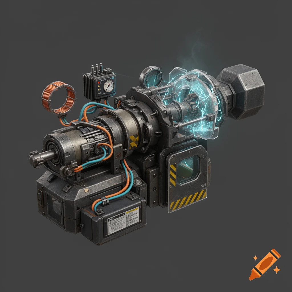 A detailed 3D render of a futuristic industrial sci-fi machine with exposed gears, wires, copper coils, a glowing energy emitter, and warning stripes, set against a dark gray background.