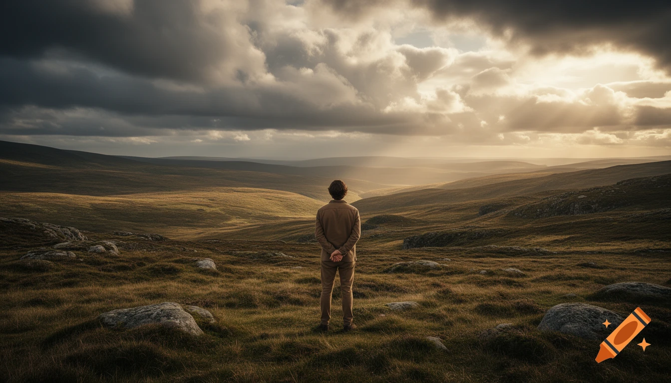A person stands in a vast, hilly, grassy landscape under a dramatic sky with sunbeams breaking through dark clouds.