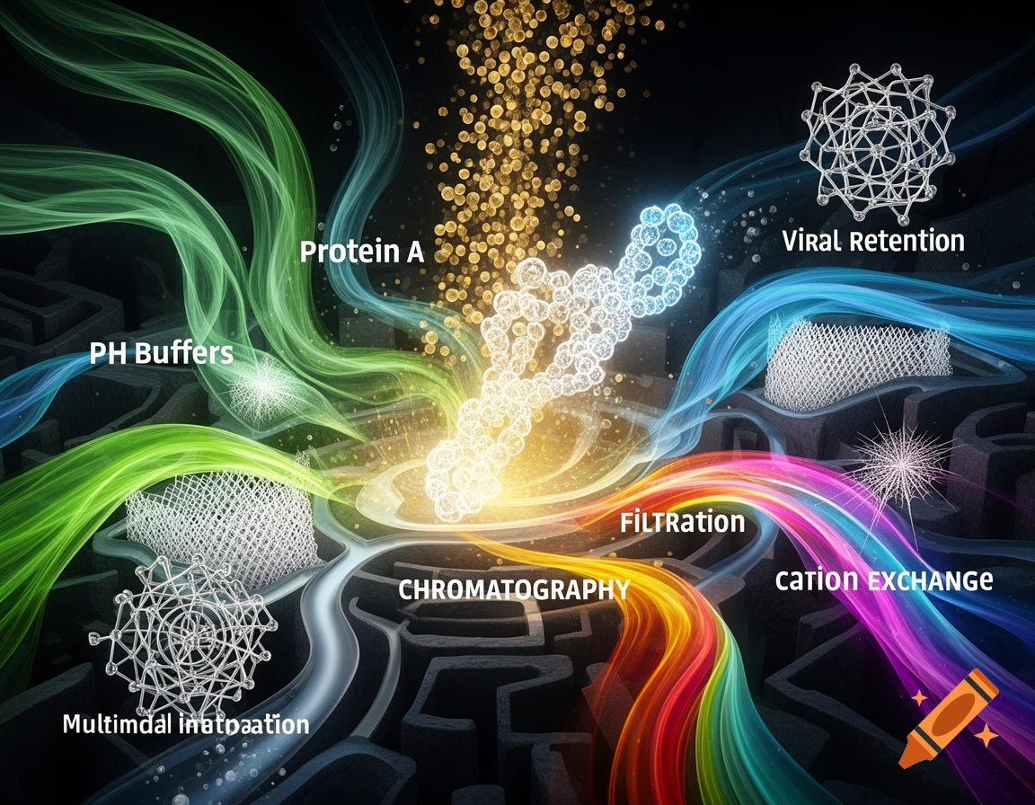 Vibrant scientific diagram illustrating molecular purification processes, with streams of light and bubbles representing Protein A, PH Buffers, Viral Retention, Filtration, Chromatography, and Cation Exchange.