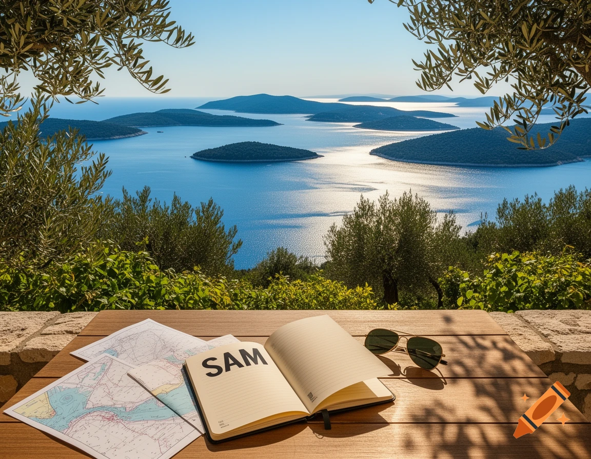 Panoramic view of many islands in a blue sea from a viewpoint with olive trees. A map, a notebook with 'SAM', and sunglasses rest on a wooden table.