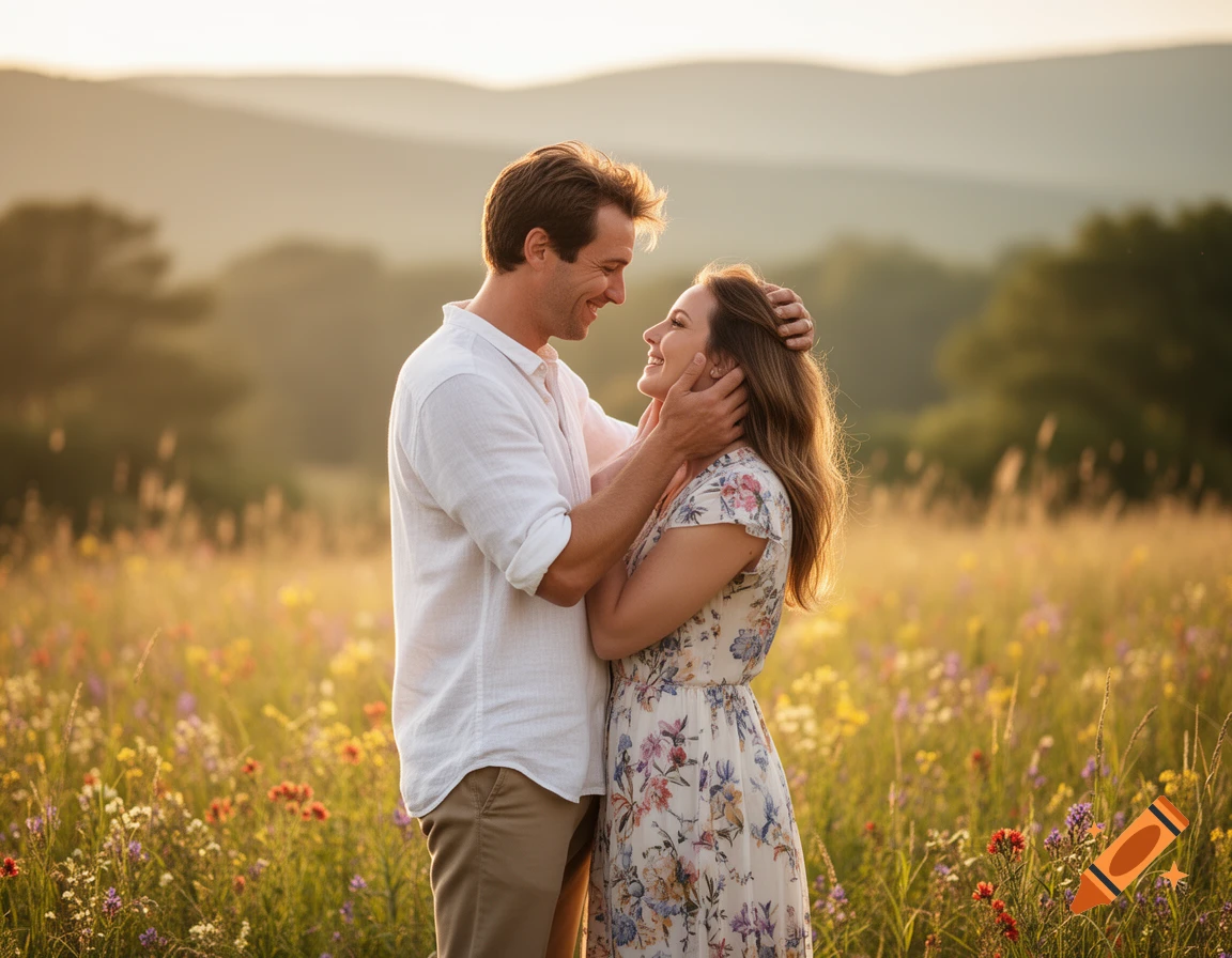 A man and woman embrace lovingly in a sunny field of wildflowers with mountains in the background, photorealistic style.