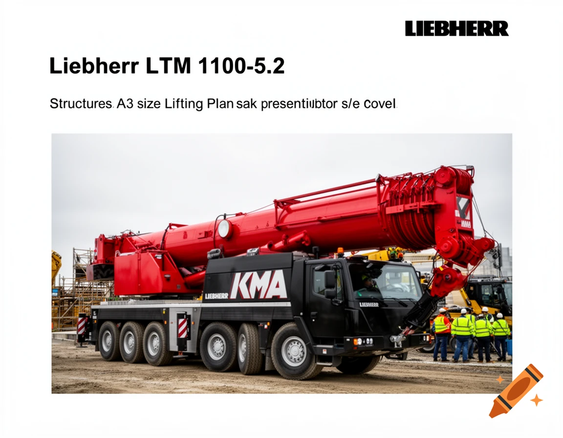 A large black and red Liebherr LTM 1100-5.2 crane truck with a KMA logo on its side is parked on a dirt ground at a construction site. Several workers in hard hats and safety vests are visible near the rear of the truck. The image includes text headers.
