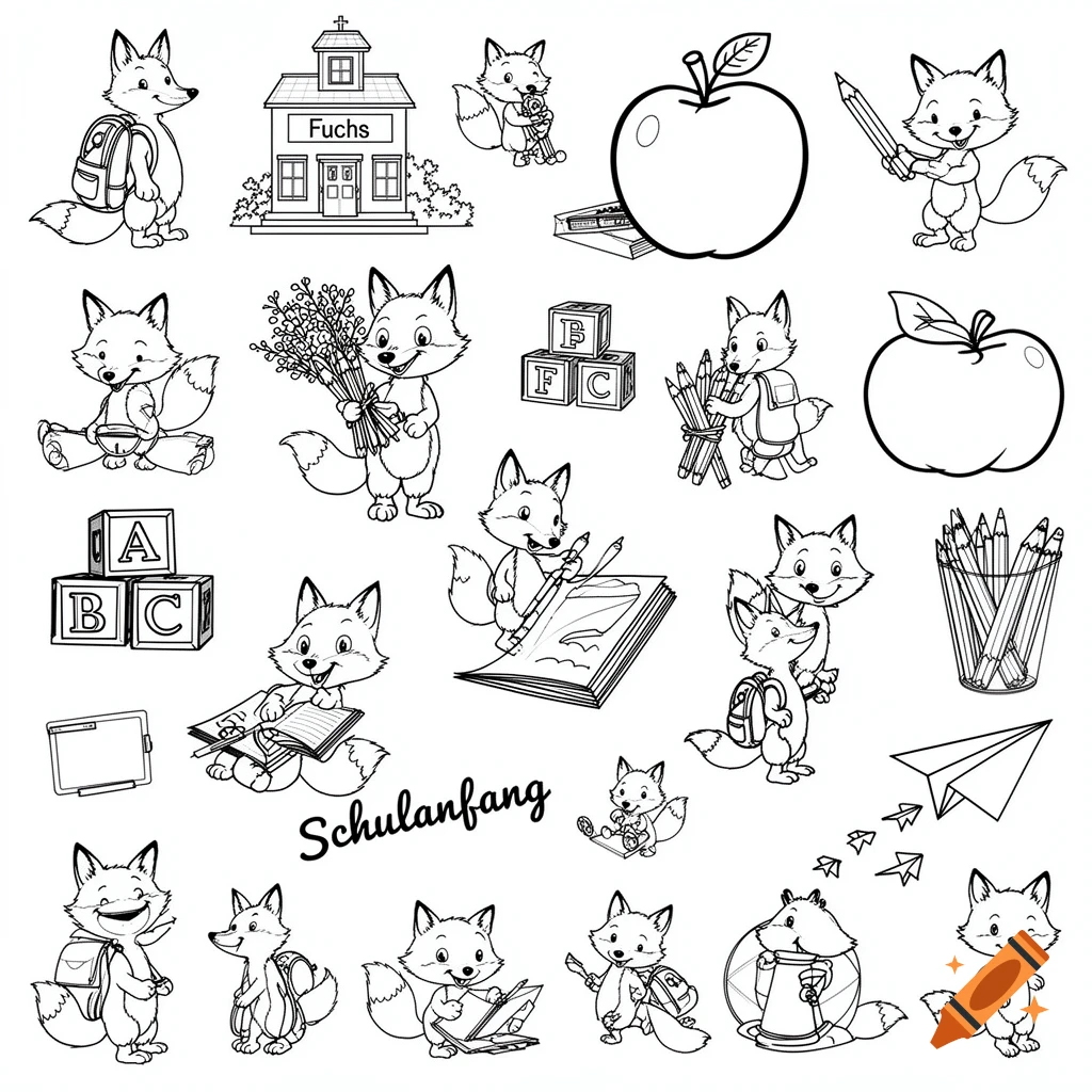 Black and white line art collage of cartoon foxes with school supplies, a school building, and alphabet blocks, featuring the text 'Schulanfang'.