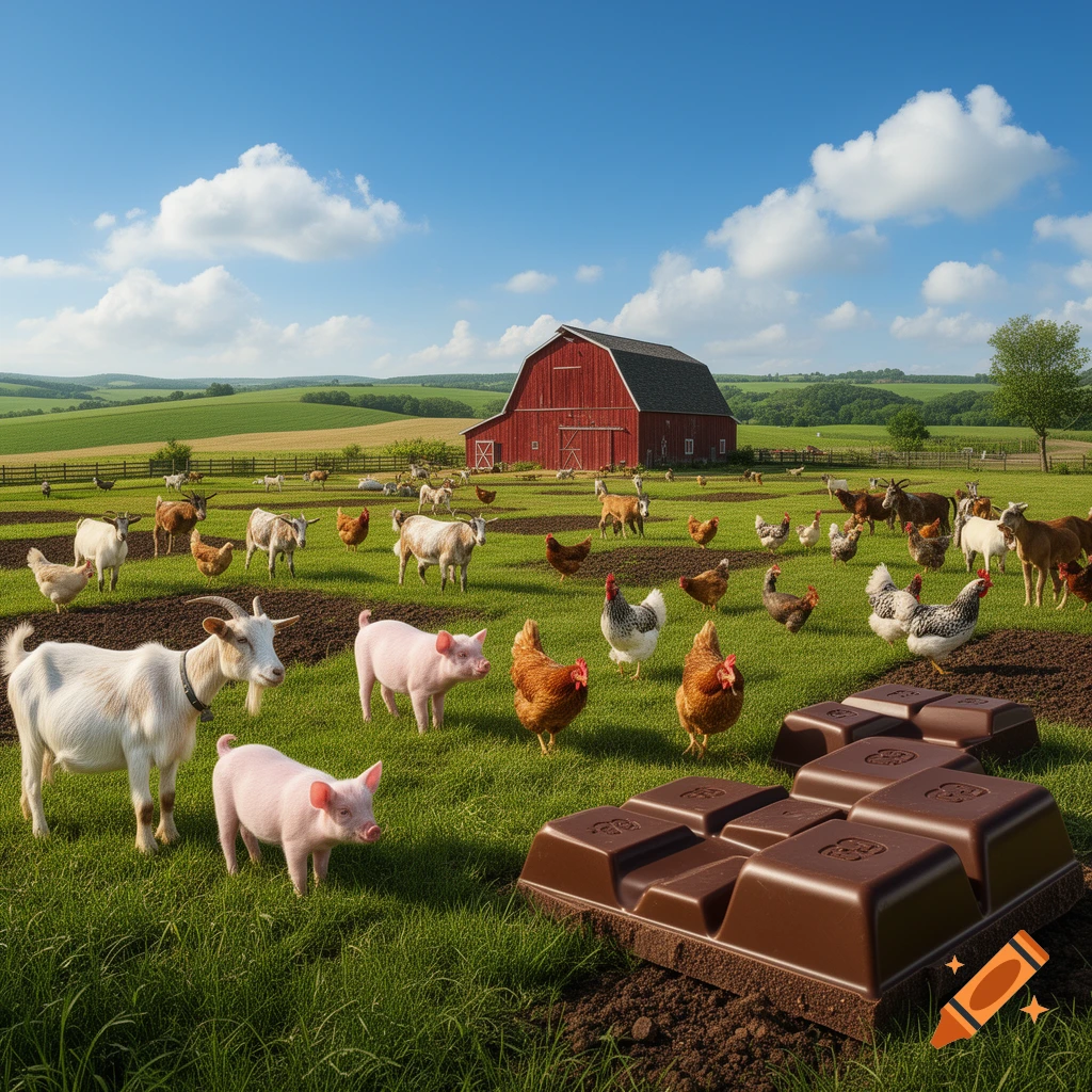 A photorealistic farm scene with numerous goats, pigs, and chickens roaming a green field, with a red barn in the background. Large chocolate bars are on the ground in the foreground.