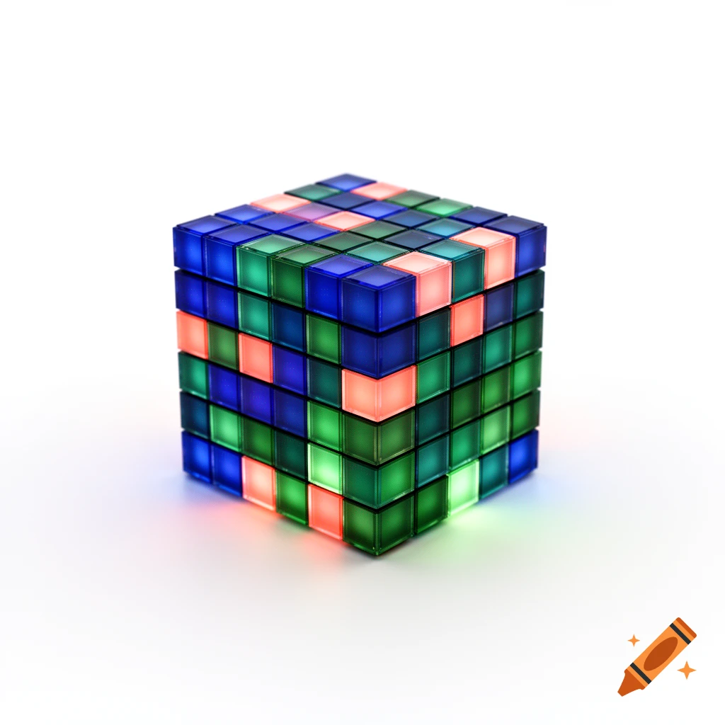 A cube composed of glowing blue, green, and red translucent smaller cubes, presented on a clean white background.