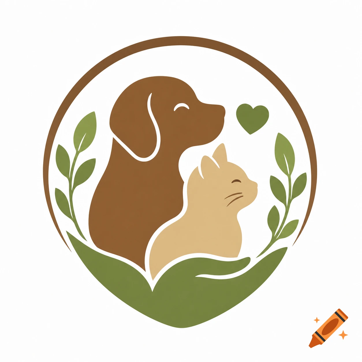A logo featuring a brown dog and a tan cat with a green heart, nestled in green leaves and a hand, all within a circular border on a white background.