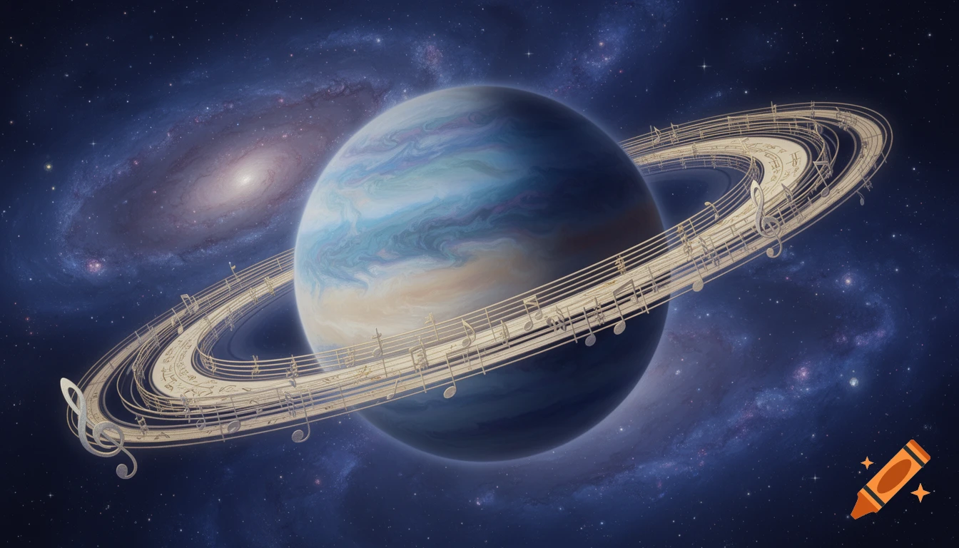 A colorful, Saturn-like planet with rings made of detailed musical notation, set against a vibrant galaxy in deep space.