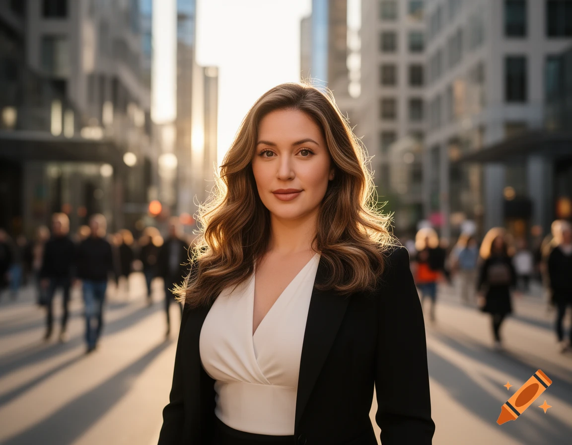 Photorealistic portrait of a confident woman in a black suit on a sunny city street with blurred buildings and people.