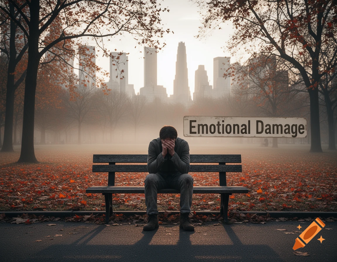 A distressed man sits on a park bench amidst autumn leaves with a hazy city skyline, a sign reads 'Emotional Damage'.