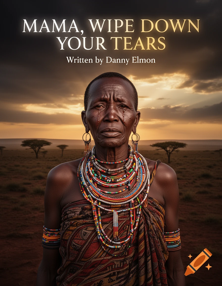 A book cover with an elderly Turkana woman crying, wearing colorful traditional beads, against an African sunset. Title: 'MAMA, WIPE DOWN YOUR TEARS'.