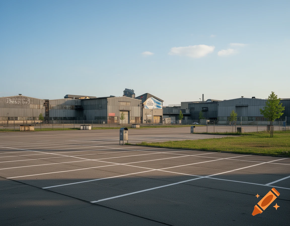 Empty parking lot in front of a German industrial area with large buildings under a clear blue sky, photorealistic style.