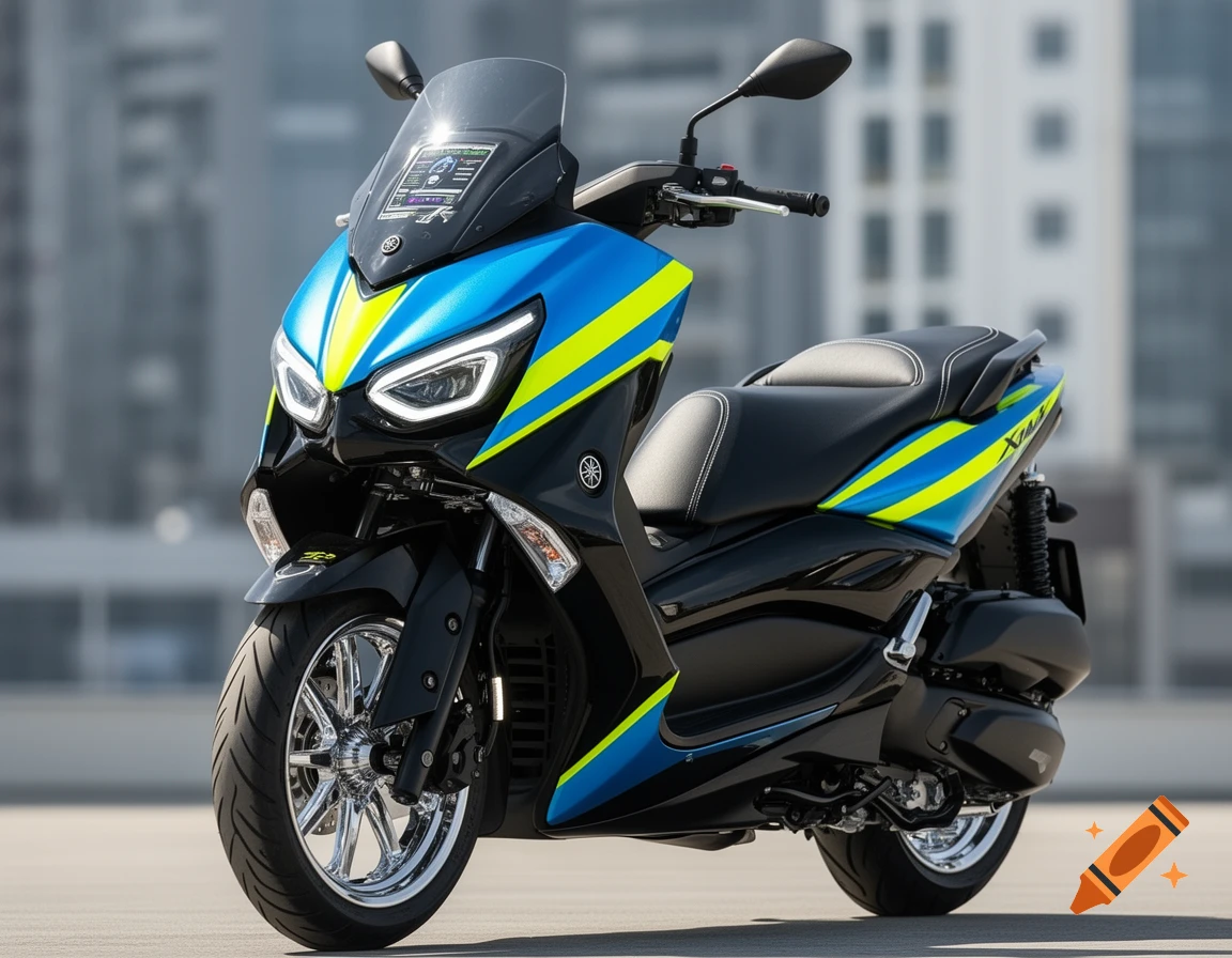 A black, blue, and neon yellow Yamaha XMAX scooter with a sporty design is parked outdoors, viewed from the front-right.