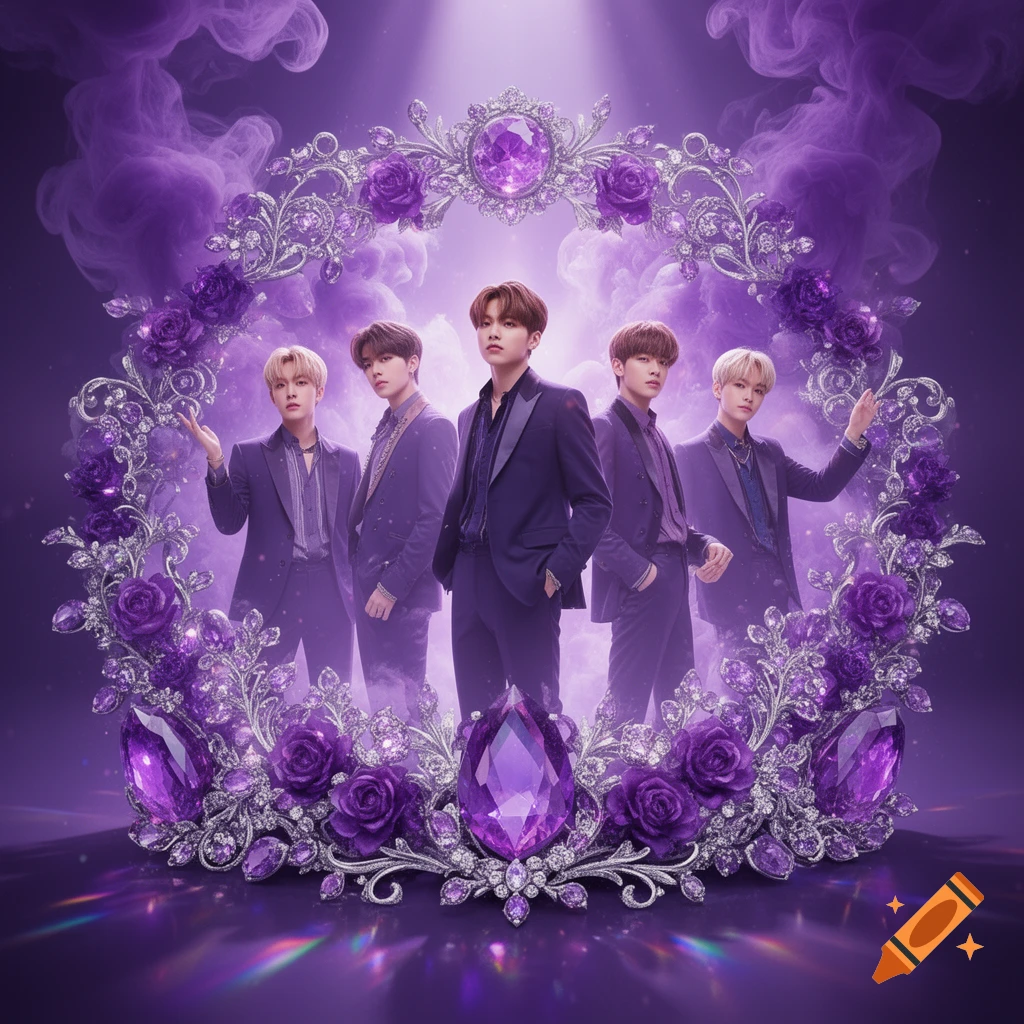 Five men from a boy band pose amidst ornate silver and purple jewels, roses, and smoky tendrils in a vibrant digital art style.