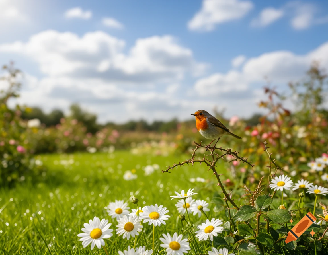A robin perches on a thorny branch in a vibrant green meadow with white daisies under a blue sky with clouds.