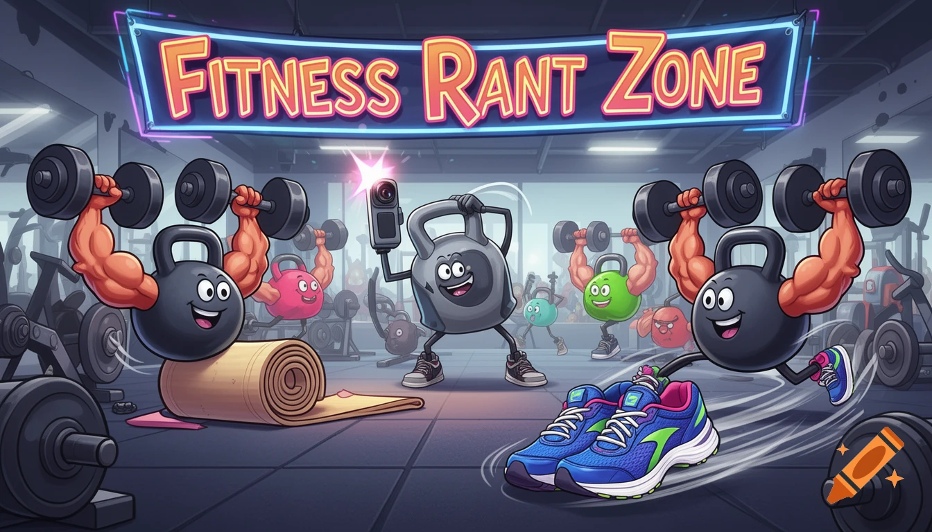 Cartoon fitness equipment characters in a gym under a neon 'Fitness Rant Zone' sign, with sneakers and a yoga mat.