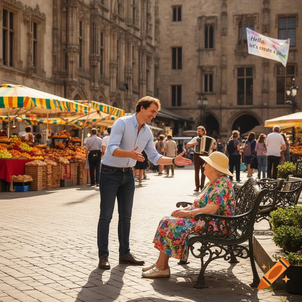 A man gestures, talking to an elderly woman on a bench in a bustling outdoor market square with fruit stalls and old architecture.