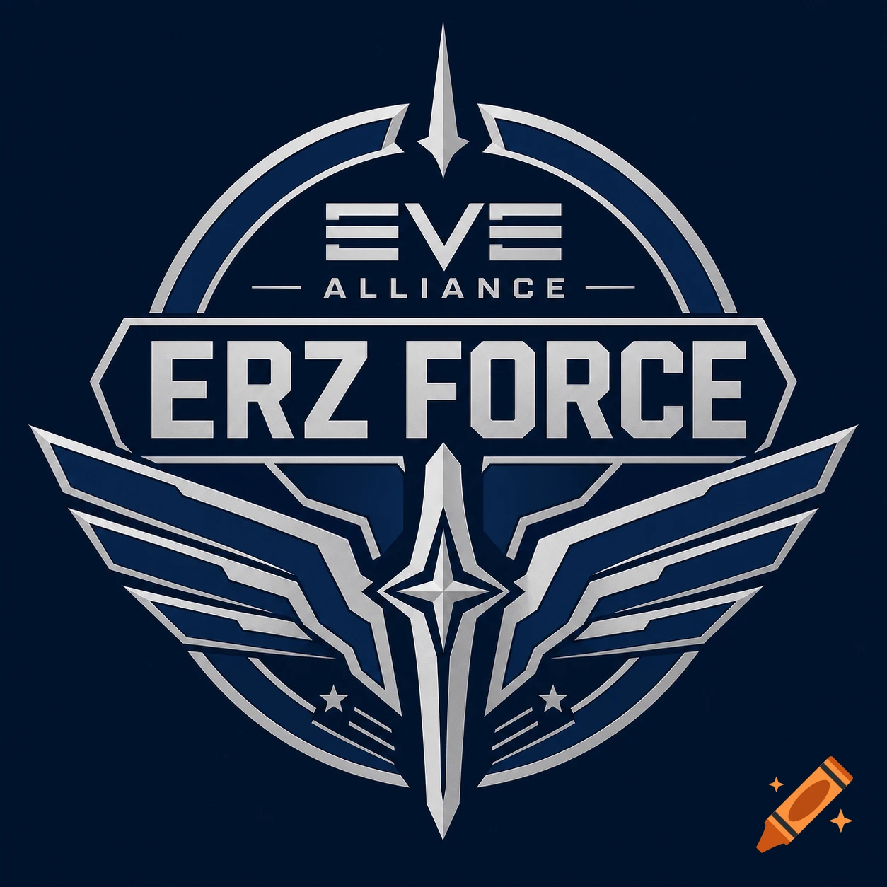 A silver and blue sci-fi logo with stylized wings, stars, and the text "EVE ALLIANCE ERZ FORCE" on a dark blue background.