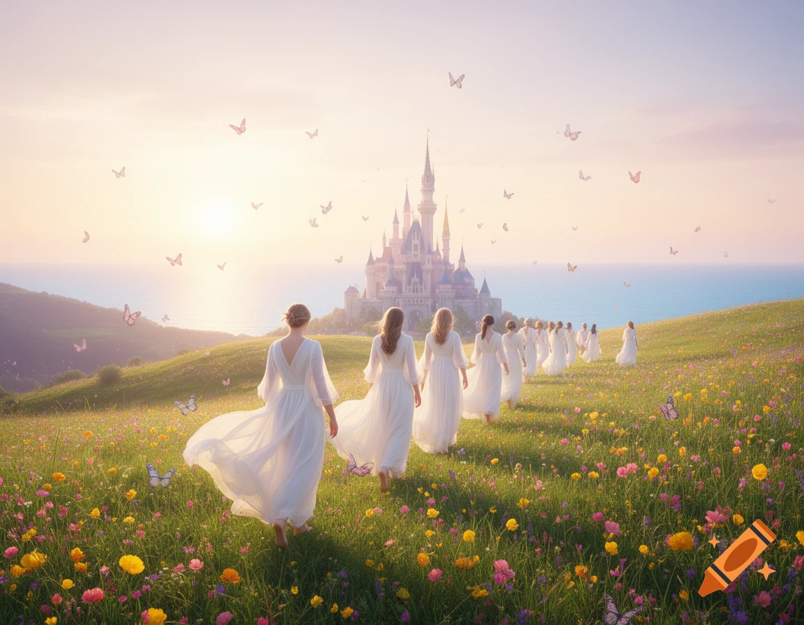 Women in white dresses walk through a vibrant flowery field towards a fairytale castle on a hill overlooking the sea at sunset.