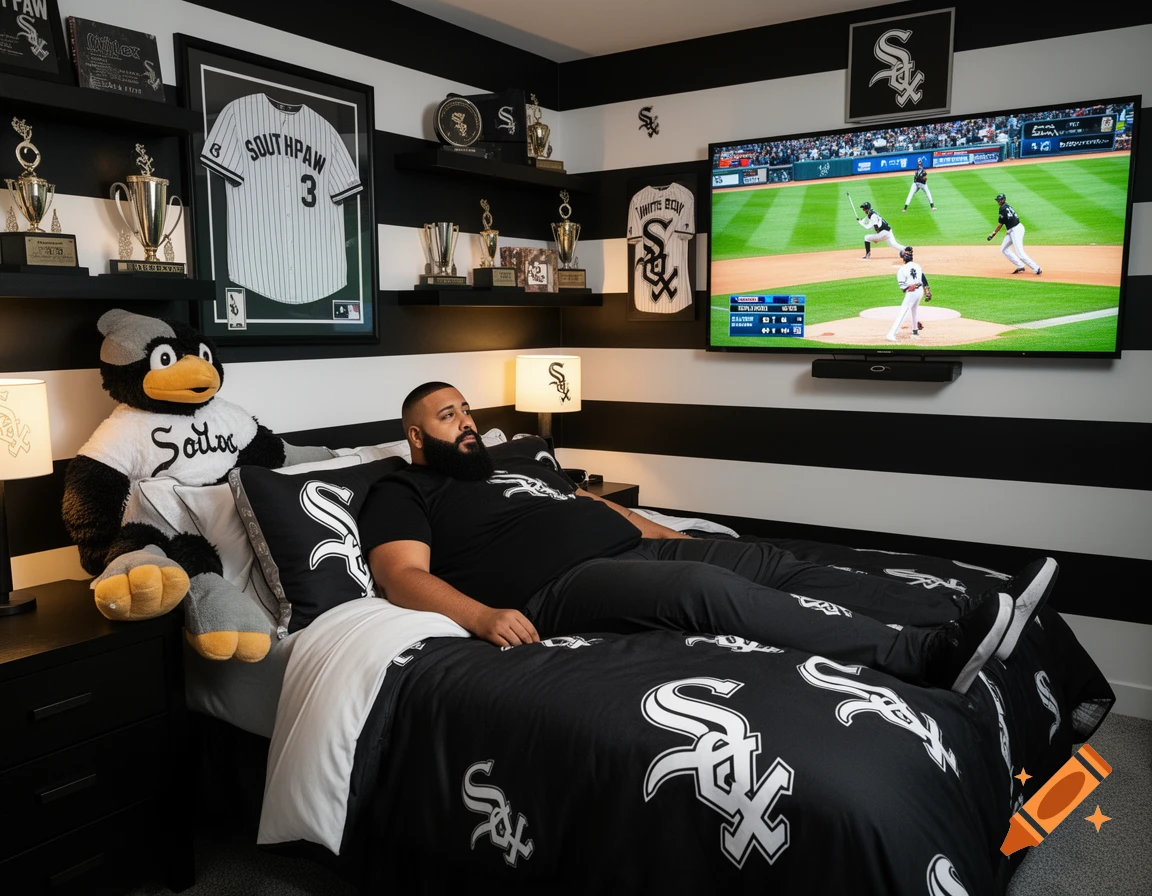 A man lies on a bed in a black and white Chicago White Sox themed bedroom, watching a baseball game on a large TV. A White Sox mascot plush sits on a nightstand.