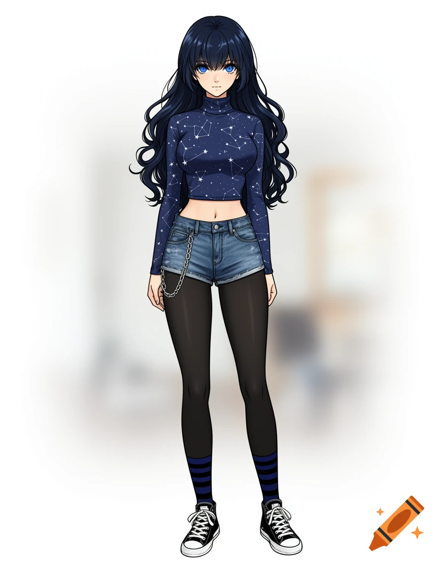 An anime girl with dark blue wavy hair and blue eyes wears a starry crop top, denim shorts with a chain, black tights, striped socks, and black sneakers.