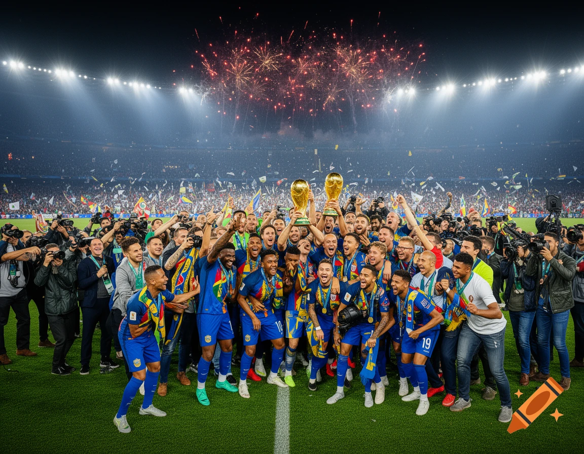 A jubilant football team in blue and yellow uniforms holds up two golden trophies on a stadium field, with fireworks exploding overhead.