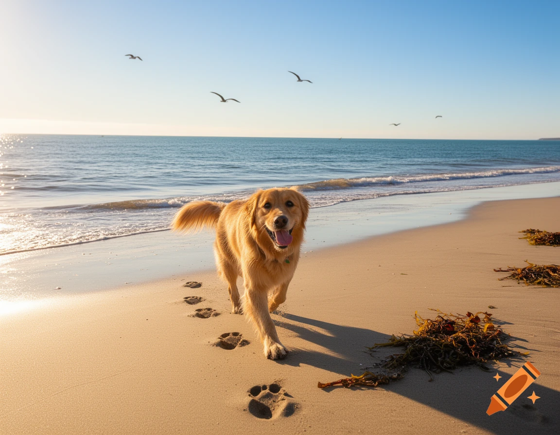 A happy golden retriever runs along a sandy beach, leaving paw prints in the sand as gulls fly over the ocean.