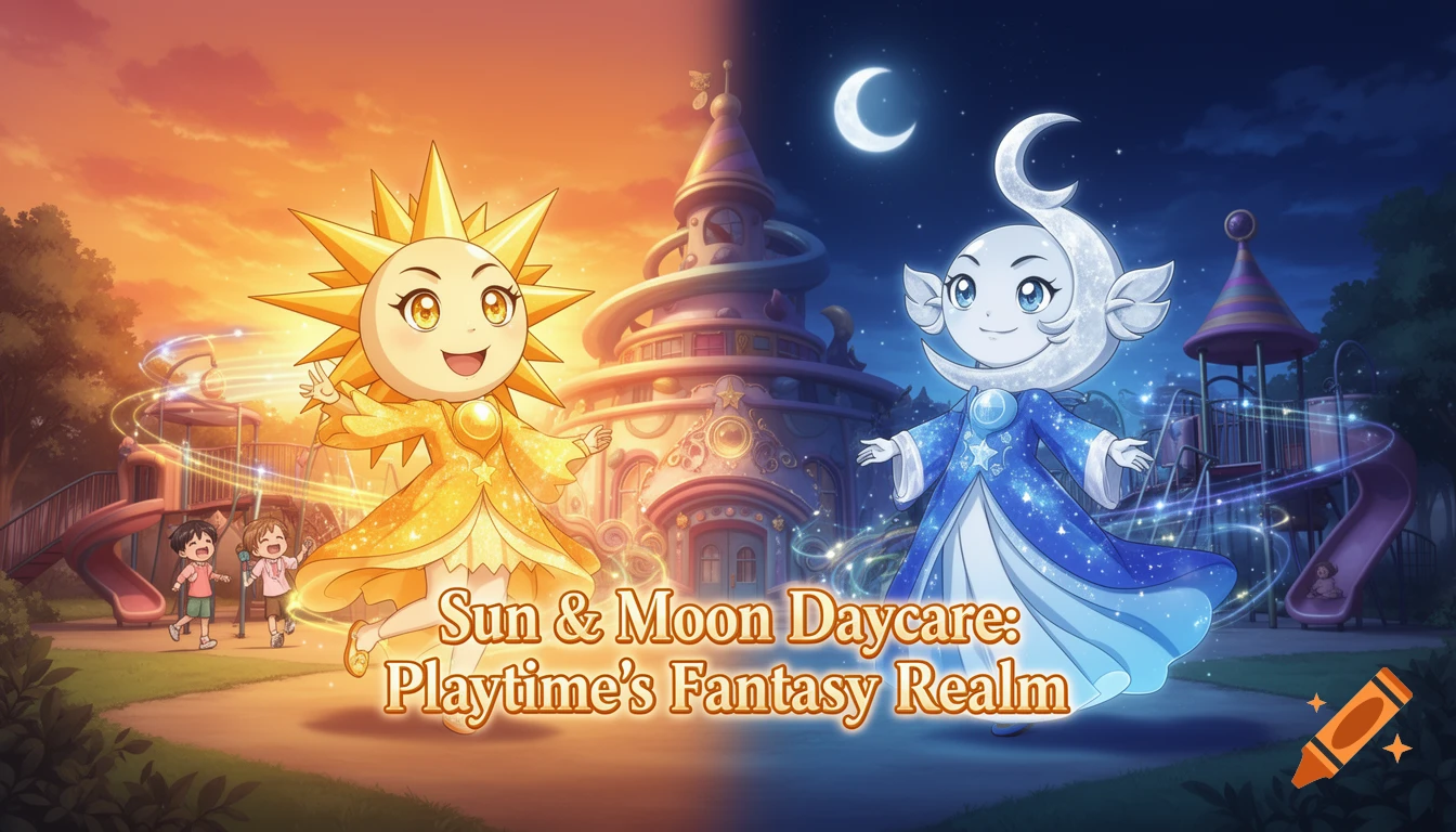 Anime-style sun and moon mascots at a magical daycare playground split between day and night, with text 'Sun & Moon Daycare'.