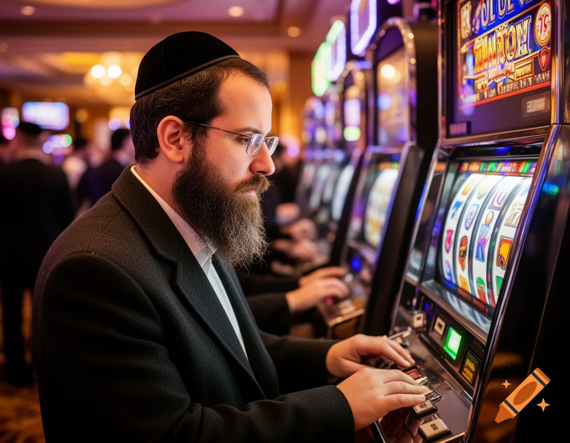 A man with a beard and yarmulke plays slot machines in a brightly lit casino, photorealistic.