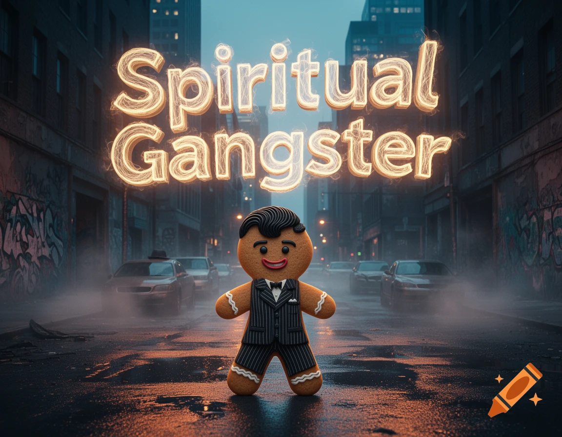 A smiling gingerbread man in a pinstripe suit and black hair stands on a wet city street under glowing 3D text reading "Spiritual Gangster".