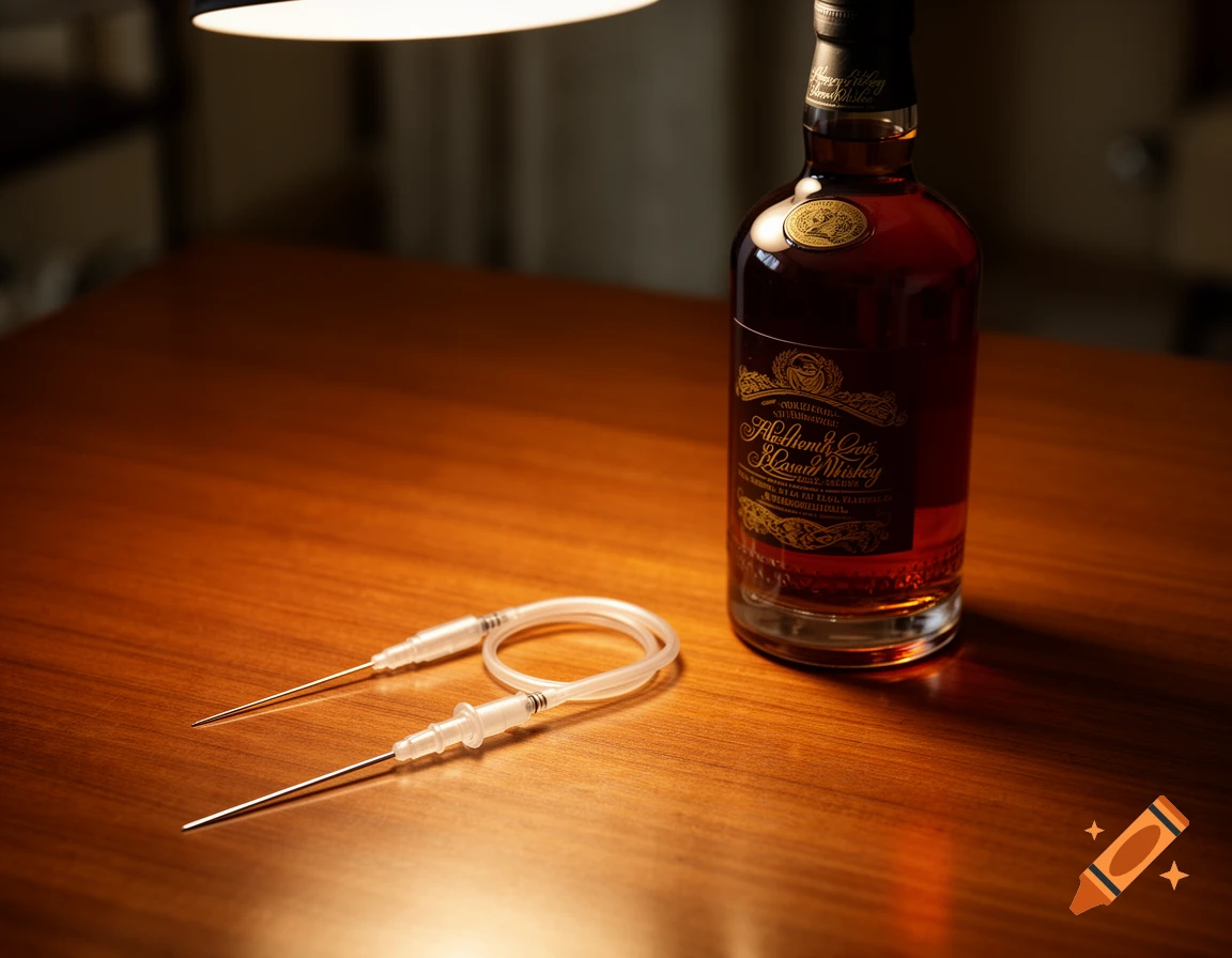 A bottle of whiskey and an IV catheter are on a wooden table, lit by a lamp.