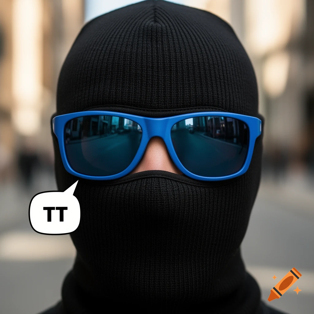 Close-up portrait of a person in a black ski mask and bright blue sunglasses, with a speech bubble showing 'TT'.