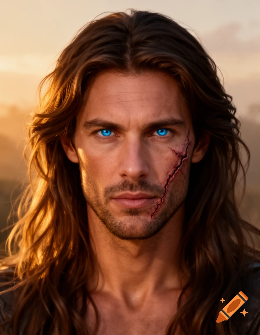 A man with long brown hair, piercing blue eyes, and a prominent scar on his left cheek, looking intensely forward.