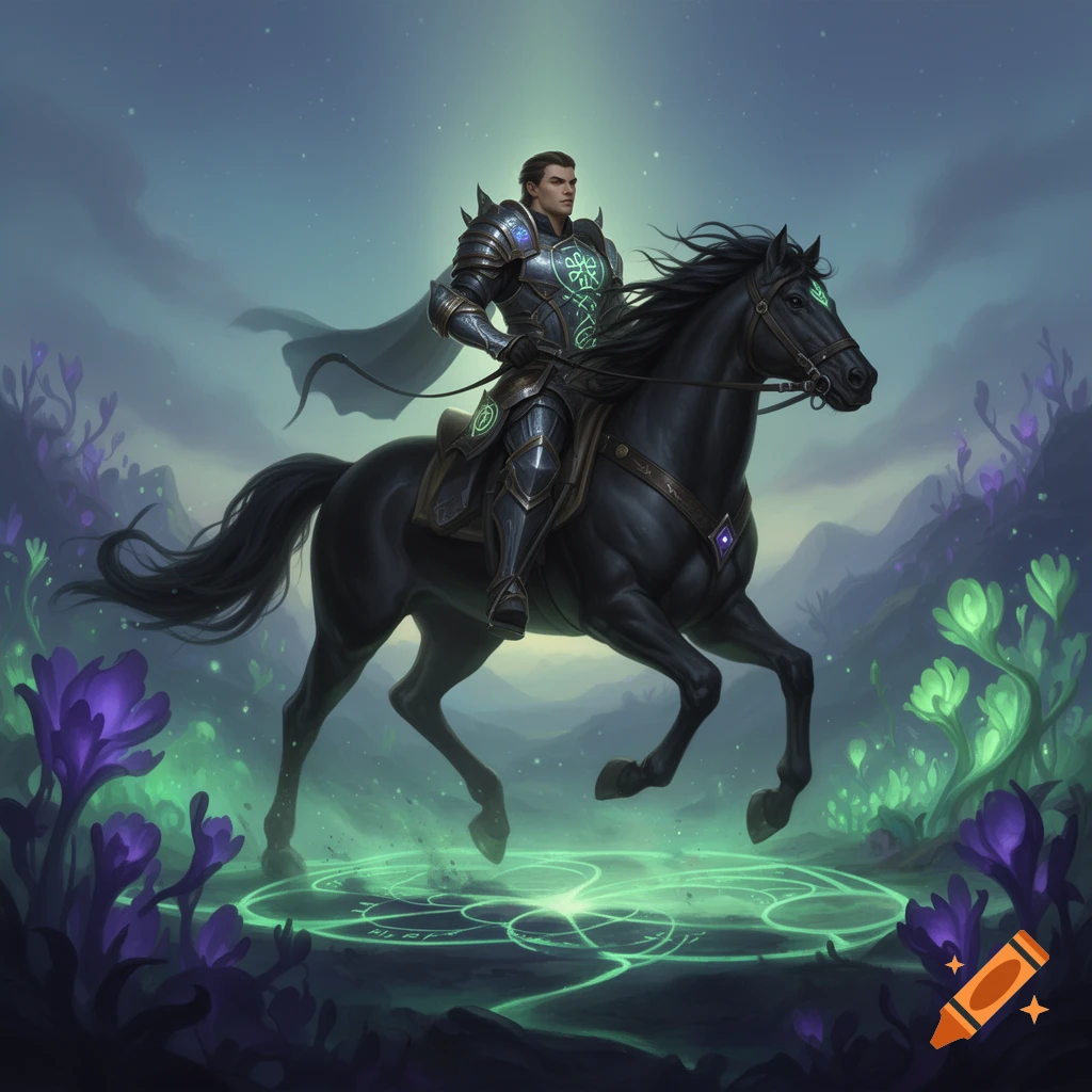 A knight in dark, glowing green armor rides a black horse through a mystical twilight landscape with glowing plants and magical symbols.