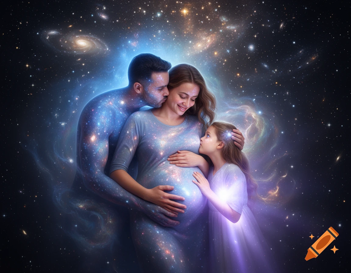 A cosmic father kisses his pregnant wife's neck while their daughter kisses her belly, all glowing amidst galaxies and stars.