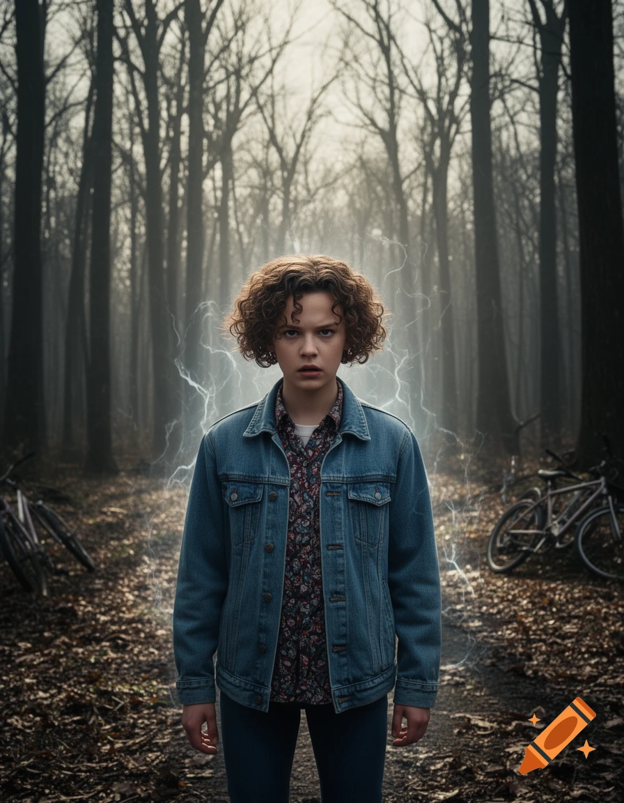 A young person with curly hair stands intensely in a dark, misty forest, surrounded by lightning. Bicycles lie on the ground.