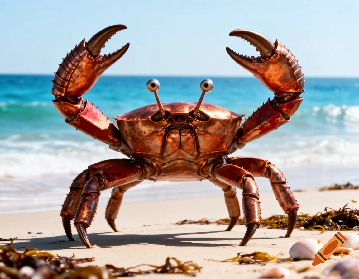 Photorealistic image of a metallic bronze crab with googly eyes standing on a sandy beach, waves crashing in the background.