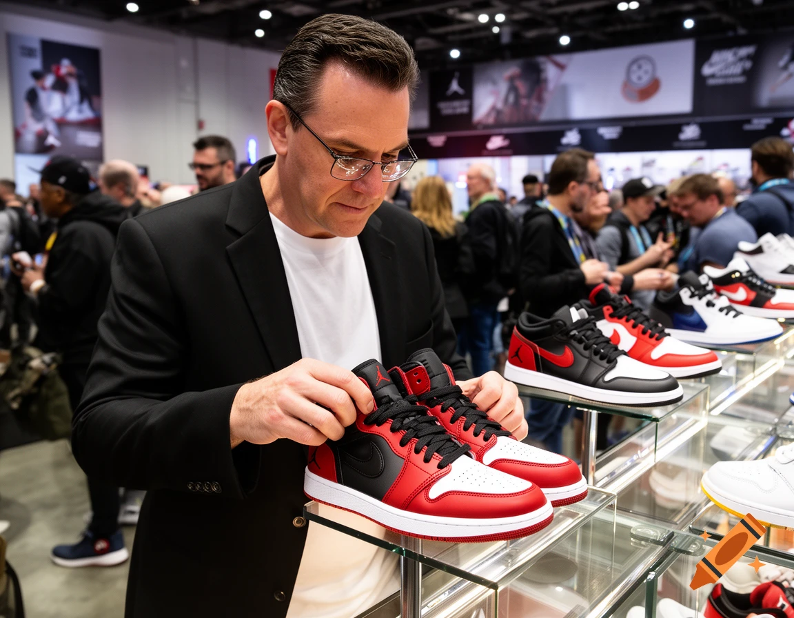A man in a black blazer and white t-shirt inspects red and black Michael Jordan sneakers at a crowded shoe conference.