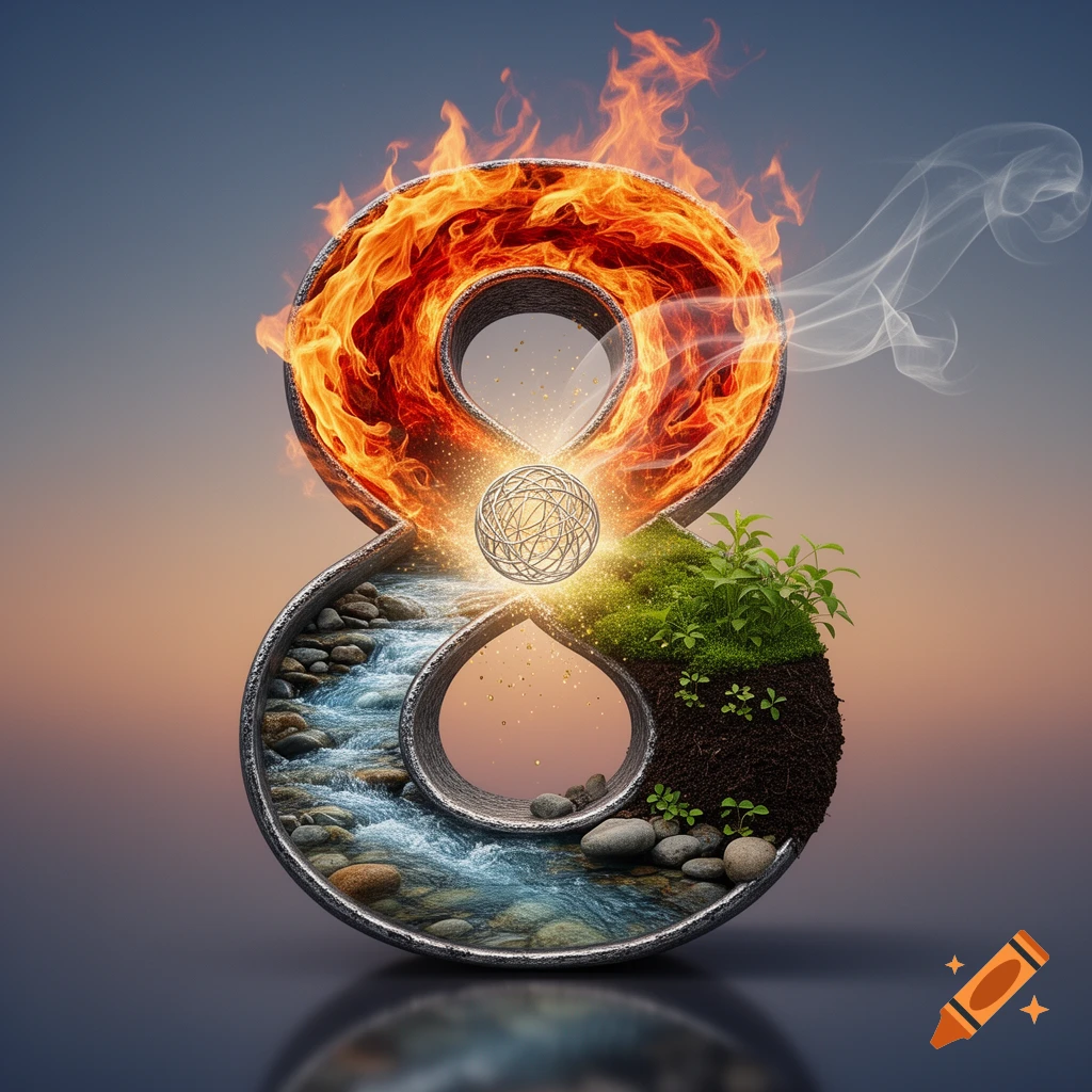 A photorealistic number 8 composed of fire, water, earth, and smoke, with a glowing orb in the center.