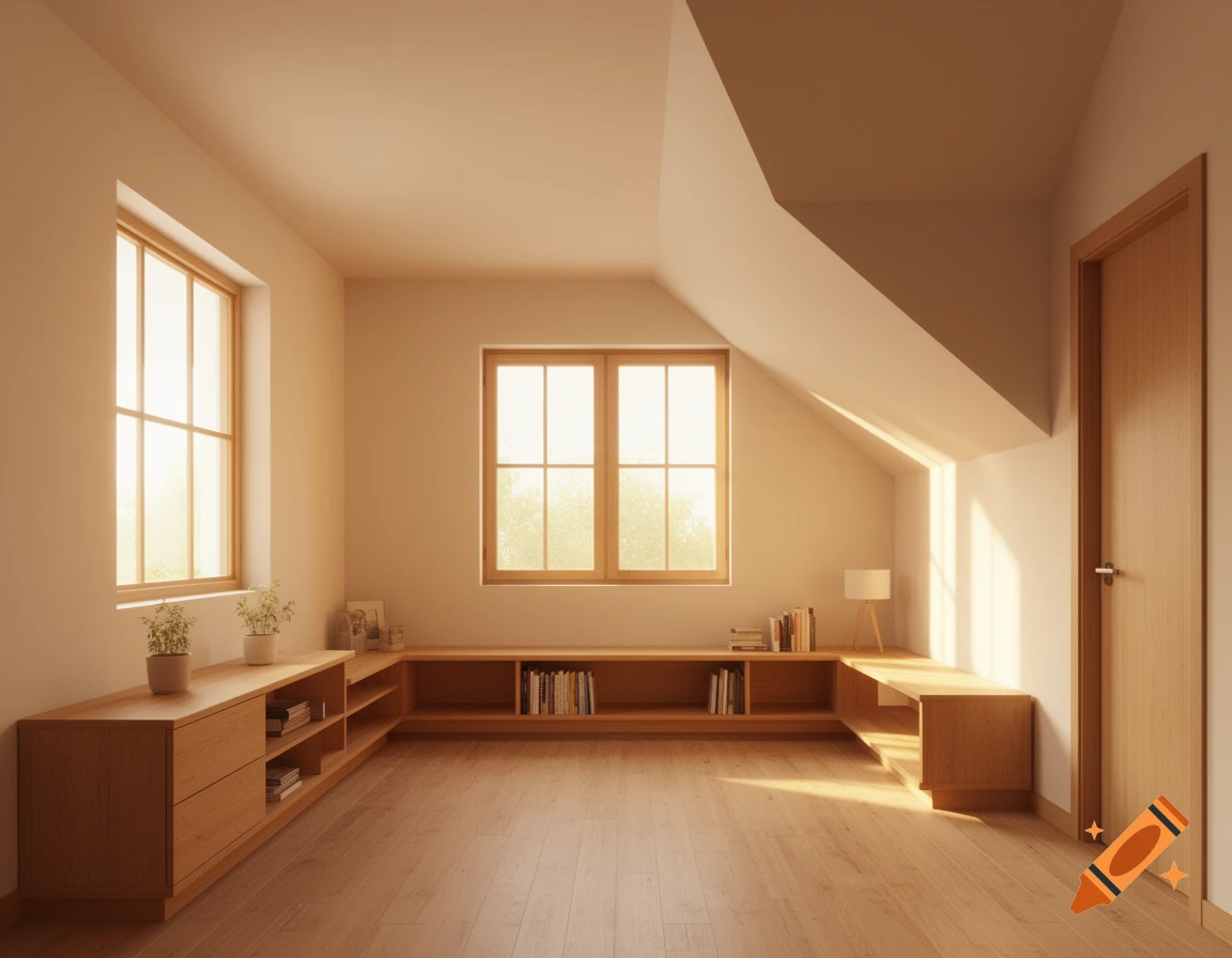 A bright, minimalist attic room with a sloped ceiling, light wood built-in shelving, two large windows, and a wooden door.
