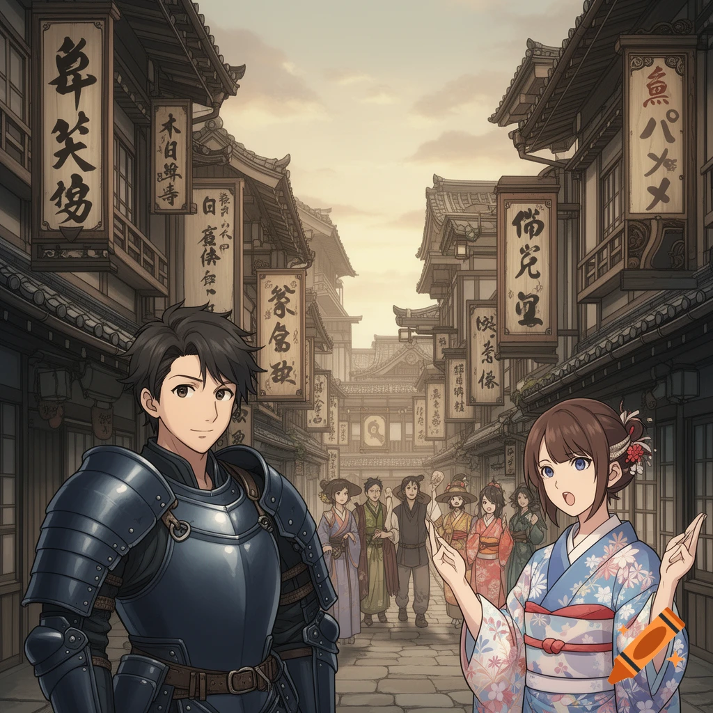 Anime-style man in dark armor and woman in a floral kimono stand on a traditional Japanese street lined with buildings and signs at dusk.