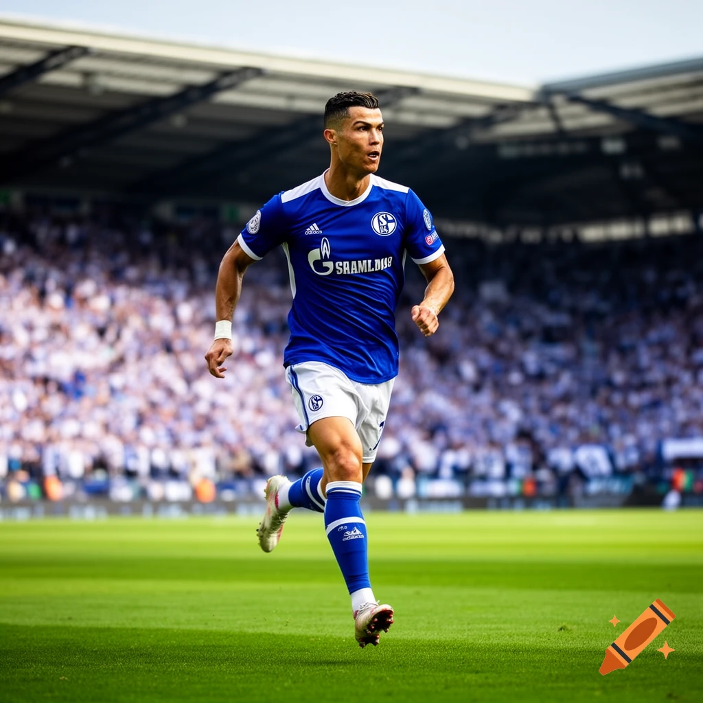 A photorealistic image of Cristiano Ronaldo in a blue and white Schalke 04 jersey, running on a green soccer field in a stadium filled with fans.