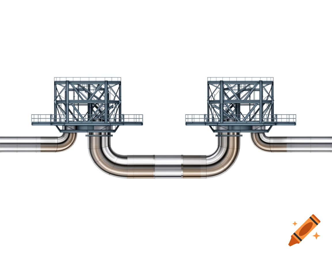 An illustration of two industrial platforms with pipelines connecting them under the ground, set against a white background.