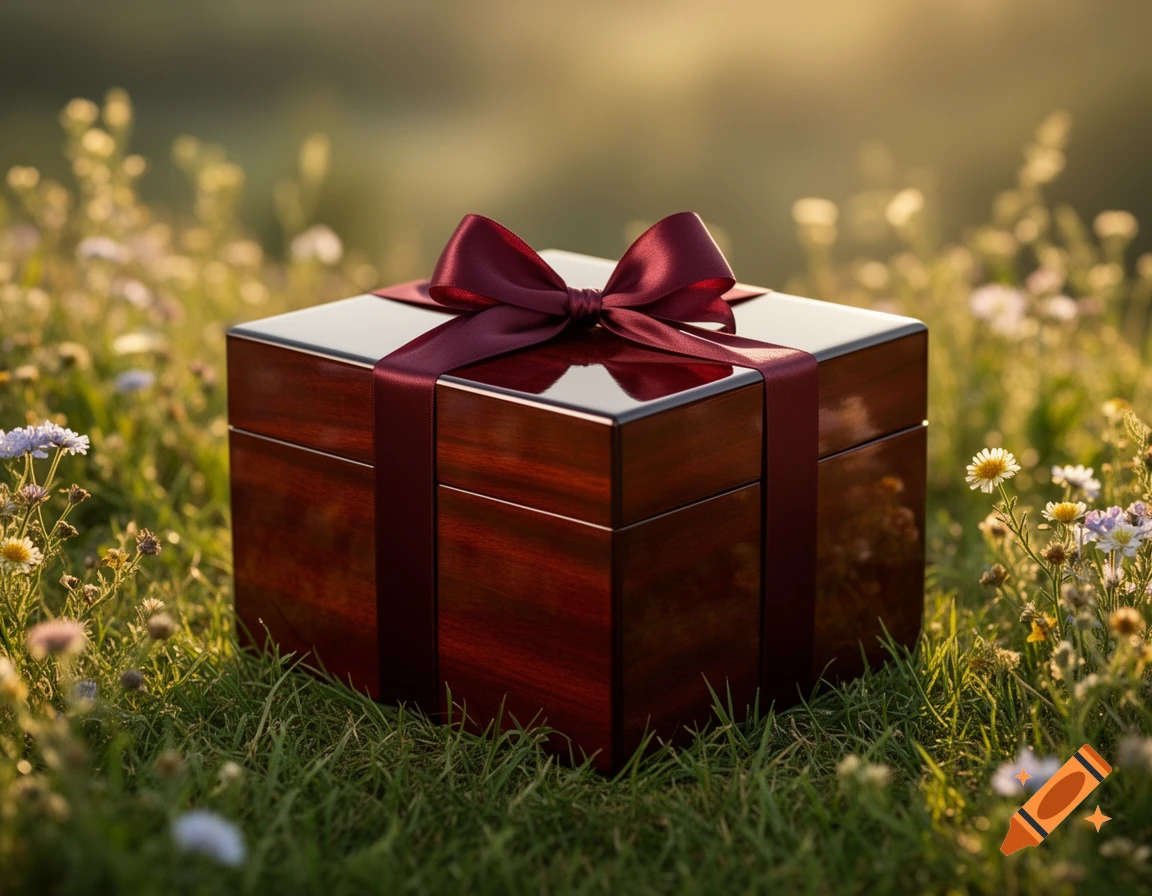 A polished wooden gift box with a deep red ribbon bow sits in a sunny field among wildflowers and green grass.