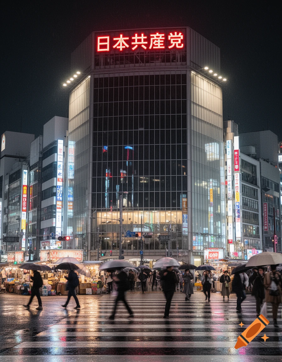 Photorealistic night scene of a bustling street in Japan, with people carrying umbrellas crossing a wet road and a building featuring a red neon sign "日本共産党".