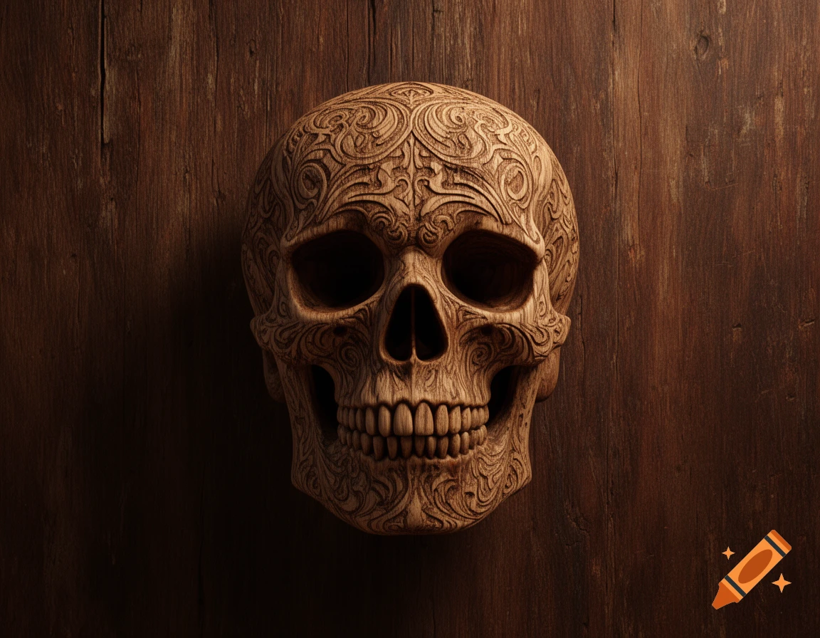 A intricately carved wooden skull with ornamental scrollwork, centered against a dark wooden plank background.